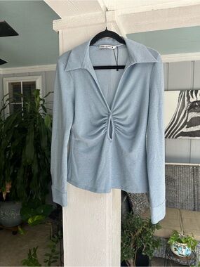 Zara LG Light blue Keyhole Shimmer Long sleeve top With button- Elegant Club Top